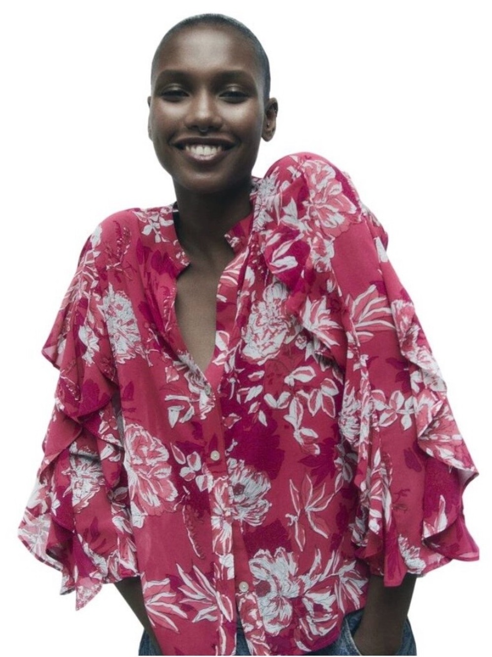 NWT Zara printed top ruffles froral pink 3/4 sleeve button down size XL